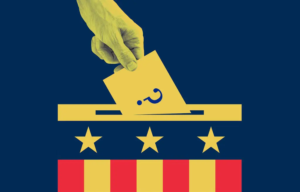 A hand casting a ballot on which a question mark appears. The ballot box is emblazoned with an American flag.