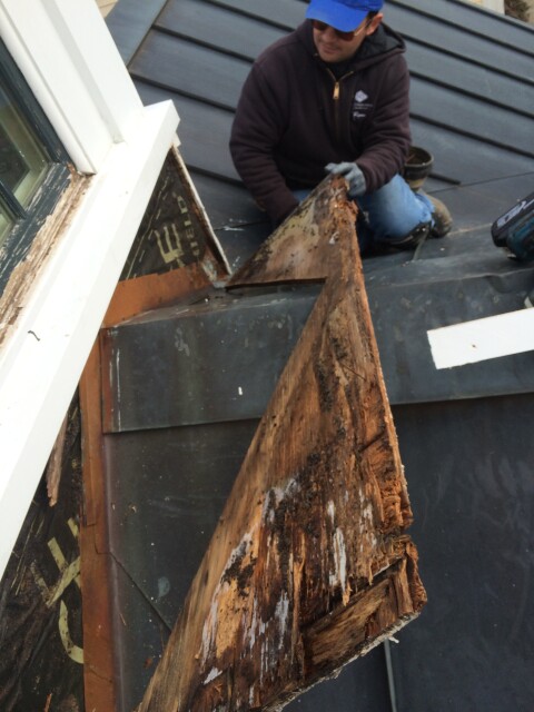 Both white and brown rot can grow in the same piece of wood - in this case, the sheathing around a poorly flashed cupola.