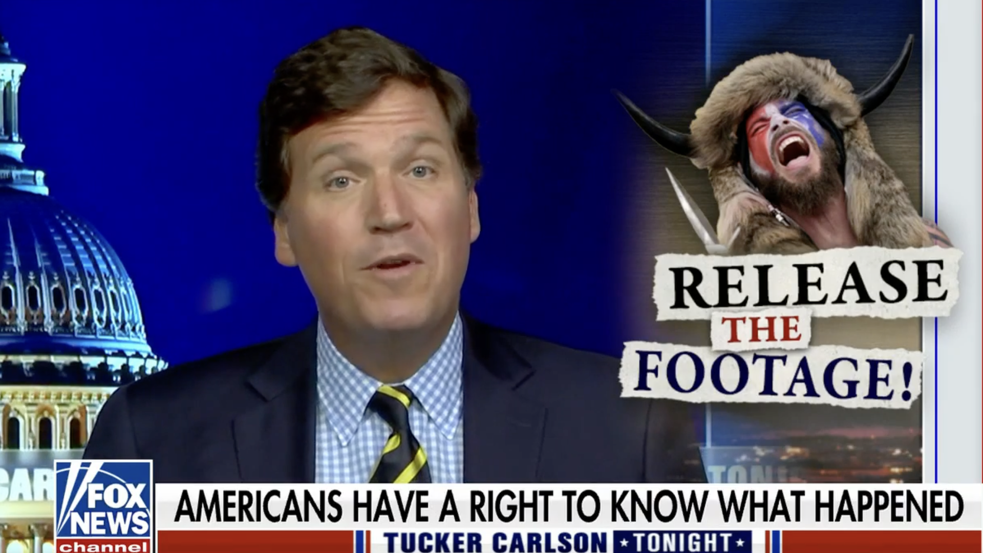 A screen shot of Tucker Carlson anchoring his Fox News show Tucker Carlson Tonight 