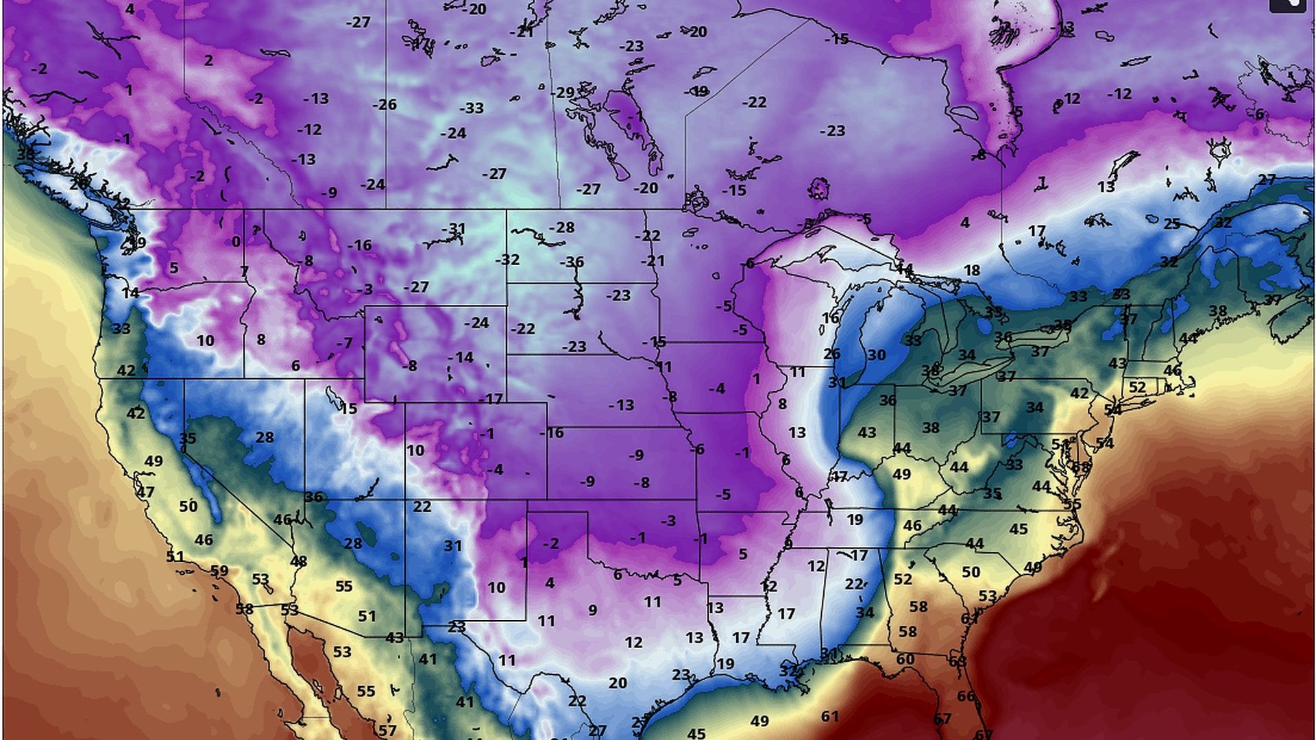  Model projection showing air temperatures on Dec. 23, including single digits down into Texas. 